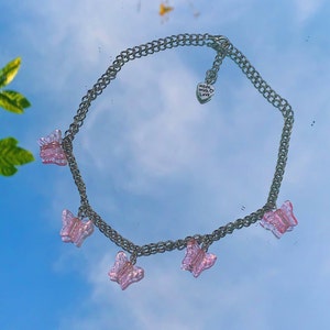 Pink Butterfly Necklace, silver chain, glass crystal butterflies, y2k necklace, statement jewelry, choker, aesthetic, trendy, egirl