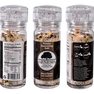 May include: Three clear glass grinder bottles filled with a blend of salt and spices. The label on the center bottle reads "Potato Seasoning Salt" and "Genesis Dead Sea Gourmet Salt". The label on the right bottle lists the ingredients, including natural Dead Sea salt, organic black pepper, organic garlic, organic oregano, and organic parsley. The label also states "GMO free", "No Added MSG", and "Kosher".