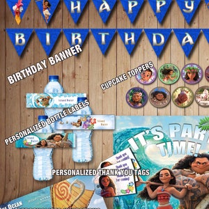MOANA PARTY PACK-Customized Invitation Card-Moana &quot;Happy Birthday&quot; Banner-Moana Bottle Labels-Cupcake Toppers & Much More!