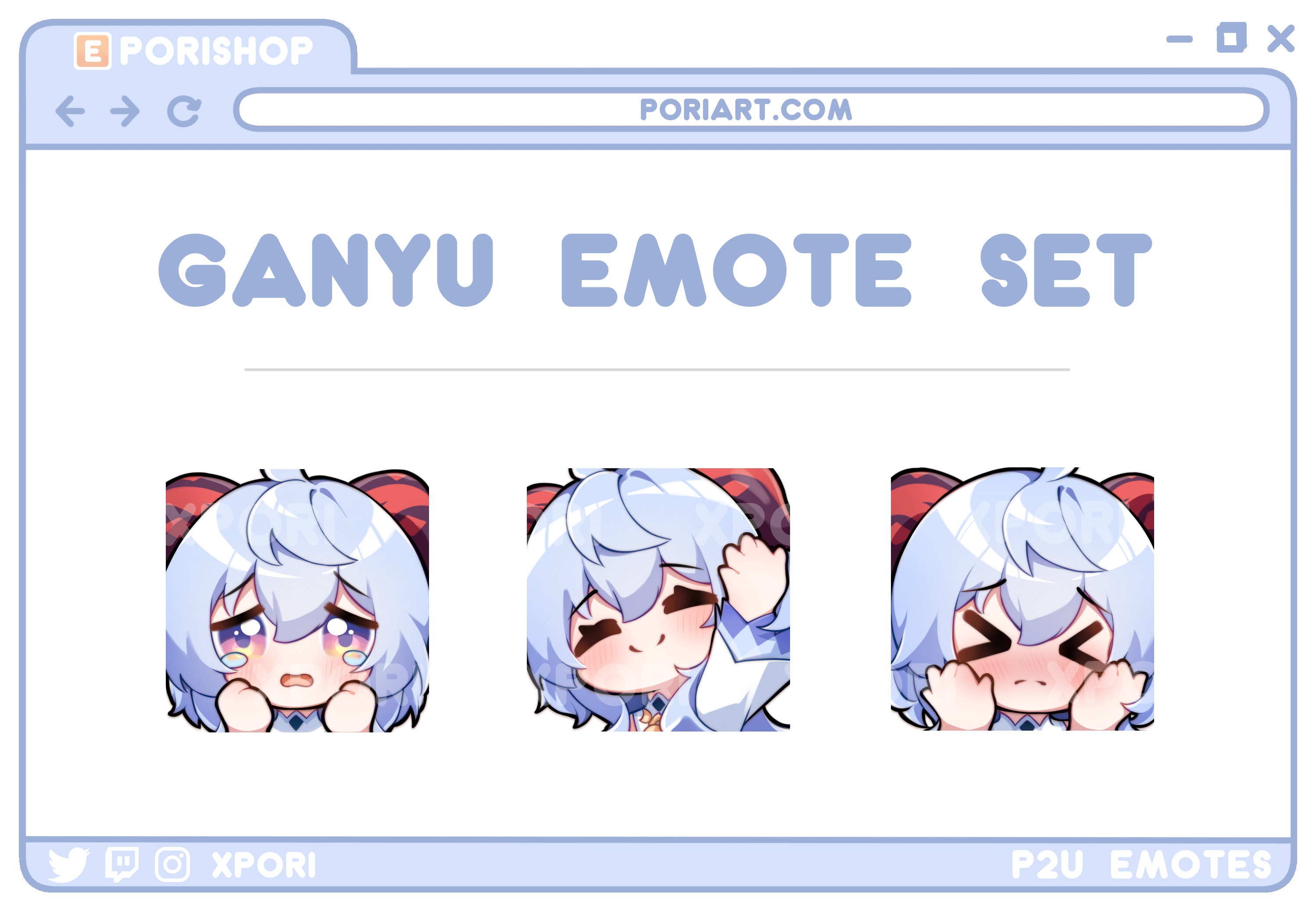Genshin Impact Ganyu P2U Sob/wave/blush Emotes for Twitch & Discord SET