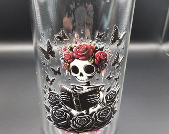 Skeleton Book Girl Glass Cup Gothic Reader Iced Coffee Tumbler with Bamboo Lid