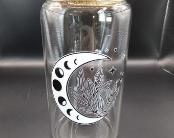 Moon Phase Botanical Glass Tumbler | Witchy Celestial Cup