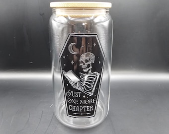 Just One More Chapter Glass Cup Book Lover Iced Coffee Glass Gothic Reader Aesthetic with Bamboo Lid