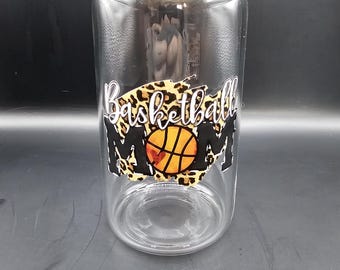 Basketball Mom Glass Cup Iced Coffee Tumbler with Bamboo Lid Sports Mom Gift