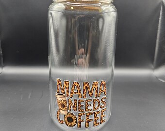 Mama Needs Coffee Glass Cup Leopard Print Iced Coffee Cup with Bamboo Lid