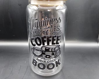 Happiness Is Coffee and a Good Book Glass Cup Iced Coffee Tumbler with Bamboo Lid