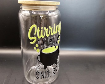 Stirring the Pot Halloween Glass Cup Funny Witch Iced Coffee Cup Spooky Drinkware with Bamboo Lid