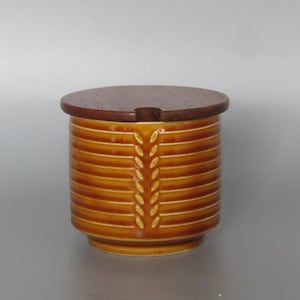 May include: A cylindrical ceramic jar with a glossy amber-brown glaze featuring horizontal ridges and a vertical leaf-like pattern. The jar is topped with a circular dark brown wooden lid that includes a small notch for a spoon or utensil.