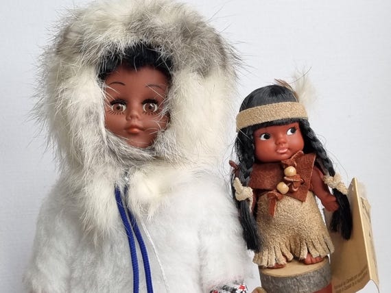 Indien Art Eskimo カナダ製 民芸品 人形 2体セット Set of Two Handmade Canadian Dolls – Inuit and Huron – Indien Art