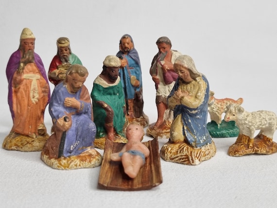 Lot De 10 Santons De Crèche - Marie, Joseph, Jésus, Animaux - Céramique (bon état)