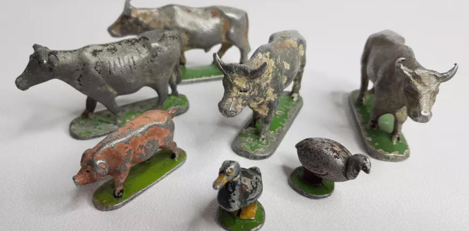 Lot D'anciens Personnages Et Animaux En Plomb Quiralu - Figurines Miniatures Vintage - Occasion