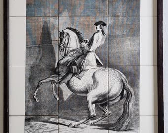 Villeroy & Boch ceramic tile wall panel, equestrian scene after Ridinger, blackened wood frame, 49 x 65 cm
