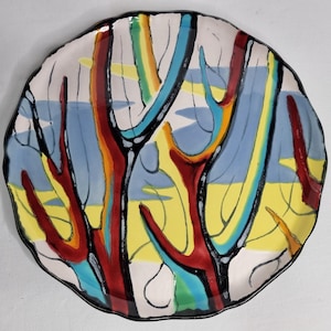 Longwy Pie Plate 33 cm, &quot;Provence&quot; Decor, Polychrome Abstract Design, Black Enamel, Numbered 34149, 1960s