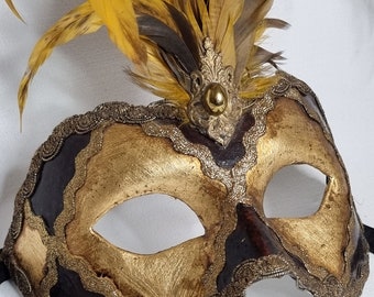 Masque Vénitien Décoratif Bleu Et Doré Avec Plumes Et Cordelette - Modèle N°2091 - Neuf Avec étiquettes
