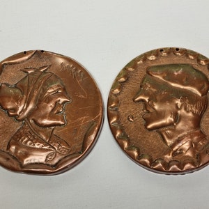 Set of copper medallions, folk art of the Basque country "Amatxi" and "Aitatxi"