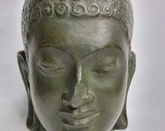 U-Thong Style Buddha Head in Green Patinated Plaster – 26 cm