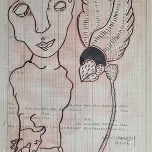 以下が含まれることがあります： グラフ用紙に、大きな花を持った人の白黒の線画。人物は、シンプルな顔をした大きな頭で、シャツを着ています。花は、大きく、詳細な花びらと長い茎を持っています。絵は「54 CARTICL 24.VI.06」と署名されています。