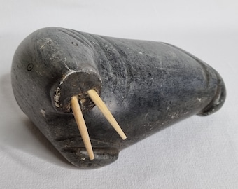 Inuit Soapstone Sculpture of a Walrus with Wooden Tusks - 18 cm, 3 kg