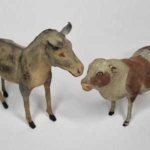 Two vintage nativity scene animals for creche decoration, the donkey and the ox, antiques, 20 cm