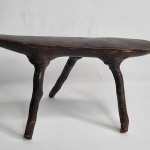 May include: A small, dark brown wooden stool with a natural, organic design. The stool has a flat, oval-shaped top and three sturdy legs that resemble tree branches. The wood has a textured appearance.