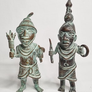 Pair of Patinated Bronze Sculptures, Edo, Benin Kingdom, 20–24 cm