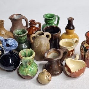 Collection of 16 miniature glazed ceramic pots for decoration, 6 cm