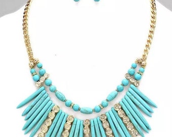 Beaded Turquoise Statement Necklace and Earring Set