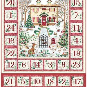 May include: A fabric advent calendar panel featuring a central winter scene of a house, trees, and animals, surrounded by numbered squares from 1 to 24. The design includes red borders, holly accents, and a bottom section with additional numbered squares.