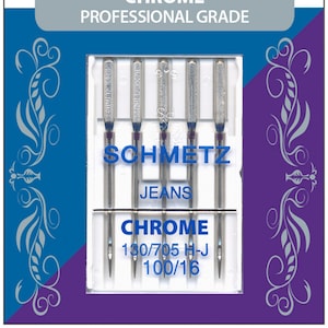 May include: A package of 5 chrome professional grade jeans/denim needles from Schmetz. The needles are in a clear plastic case with the brand name and size printed on the front. The package is on a purple and blue background with a floral design.