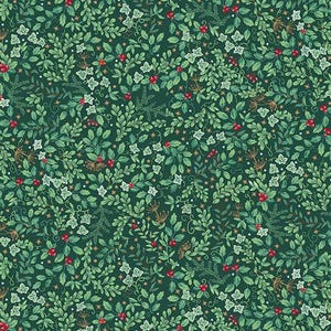 May include: A dark green fabric featuring a dense, repeating botanical pattern of light green ivy leaves, dark green foliage, small brown sprigs, and clusters of bright red berries scattered throughout the design on a solid dark green background.