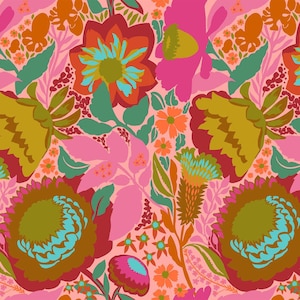 May include: A vibrant floral pattern featuring large, stylized flowers in shades of pink, orange, green, and brown against a light pink background. The design includes various flower shapes and leaf arrangements, creating a lively and colorful textile design.