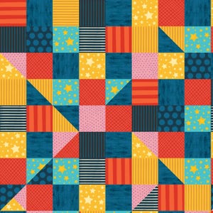 May include: A patchwork fabric design featuring a grid of squares and triangles in various patterns and colors. The motifs include yellow stars on blue and gold backgrounds, red stripes, blue polka dots, red cross-hatching, and solid dark blue.