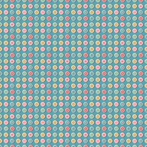 May include: A repeating pattern of circular buttons arranged in a grid on a teal background. The buttons are colored in alternating shades of light pink, pale yellow, and mint green, each featuring four holes in the center for sewing attachment.