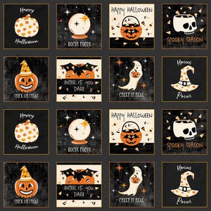 May include: A fabric panel featuring a repeating grid of Halloween-themed squares. Designs include an owl, pumpkin, crystal ball, jack-o'-lantern, skull, bat, crow, ghost, witch hat, and cat, with text such as Stay Spooky, Hocus Pocus, and Trick or Treat.
