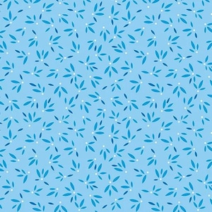 May include: A light blue fabric featuring a repeating pattern of small, dark blue leaf clusters and tiny white dots. The design is evenly distributed across the surface, creating a consistent botanical motif with a clear contrast between the colors.