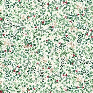 May include: A fabric pattern featuring a dense arrangement of green holly leaves, sprigs of pine, and small red berries scattered across an off-white background, interspersed with tiny gold star-like accents and delicate brown botanical stems.