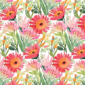 May include: A repeating pattern of watercolor flowers on a white background. The design features large red and pink daisy-like blooms with yellow centers, interspersed with smaller orange buds, green leaves, and stems in a soft, artistic style.