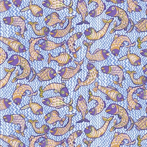 May include: A fabric pattern featuring a repeating design of stylized fish in shades of purple and yellow, set against a light blue background with a vertical zigzag line texture. The fish are depicted in various swimming positions.
