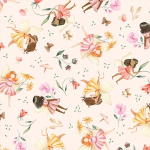 May include: A whimsical pattern featuring watercolor illustrations of fairies with butterfly wings, dressed in pink and yellow dresses. The design includes flowers, mushrooms, and butterflies on a light pink background, creating a fairytale theme.