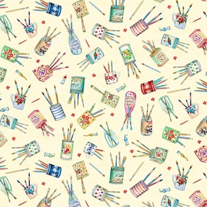 May include: A repeating pattern on a cream background featuring various containers like mugs, jars, and tins filled with paintbrushes and pencils. The containers display floral, striped, and text designs, interspersed with small red flower accents.