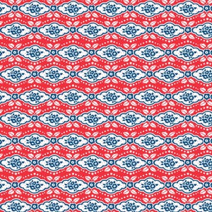 May include: A repeating textile pattern featuring horizontal rows of dark blue floral motifs enclosed in white scalloped cloud-like shapes, set against a vibrant red background with small white dots and leaf accents between the rows.