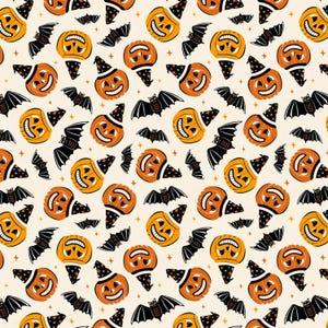 May include: A repeating pattern on a cream background featuring orange jack-o'-lanterns wearing black witch hats with gold stars, interspersed with black bats and small gold four-pointed stars. The pumpkins have wide, smiling faces.