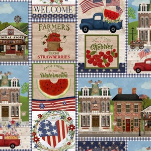 May include: A patriotic fabric print featuring a collage of American flags, a blue truck carrying a watermelon, a red truck, a general store, town hall buildings, and signs for fresh strawberries and cherries with a red, white, and blue color scheme.