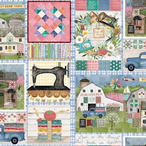 May include: A patchwork quilt-themed fabric design with a blue and white checkered background. The design includes images of quilts, sewing machines, barns, and trucks. The text "Quilt Show Today" and "Shop Hop Today" are visible.