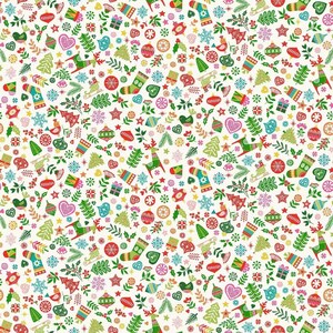May include: A repeating pattern on a white background featuring colorful Christmas-themed illustrations including reindeer, decorated pine trees, stockings, gift boxes, ornaments, snowflakes, hearts, birds, and sprigs of holly and berries.