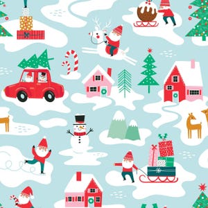 May include: A light blue fabric pattern featuring Christmas illustrations including red cars with trees, snowmen, reindeer, gnomes, gift boxes, candy canes, and red houses with white roofs. The design is repetitive and colorful with winter motifs.