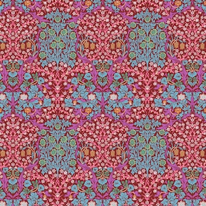 May include: A repeating pattern featuring stylized floral and foliate elements in shades of burgundy, teal, pink, and purple. The design includes detailed botanical motifs, creating a rich and ornate textile pattern.