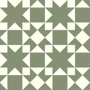 May include: A repeating pattern featuring star and square shapes in a muted green and off-white color scheme. The design is geometric, with stars and squares arranged in a grid-like fashion, creating a visually balanced and symmetrical composition.