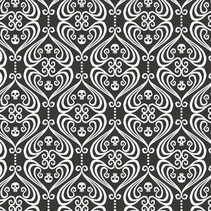 May include: A repeating pattern featuring white line art on a dark gray background. The design consists of symmetrical, swirling scrollwork shapes that form heart-like structures, each containing a small, centered human skull icon.