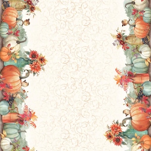 May include: A decorative fabric panel featuring a fall harvest theme. The design includes orange, white, and teal pumpkins, along with floral arrangements and decorative bottles. The background is a cream color with a swirling pattern, and the borders are dark blue with gold accents.